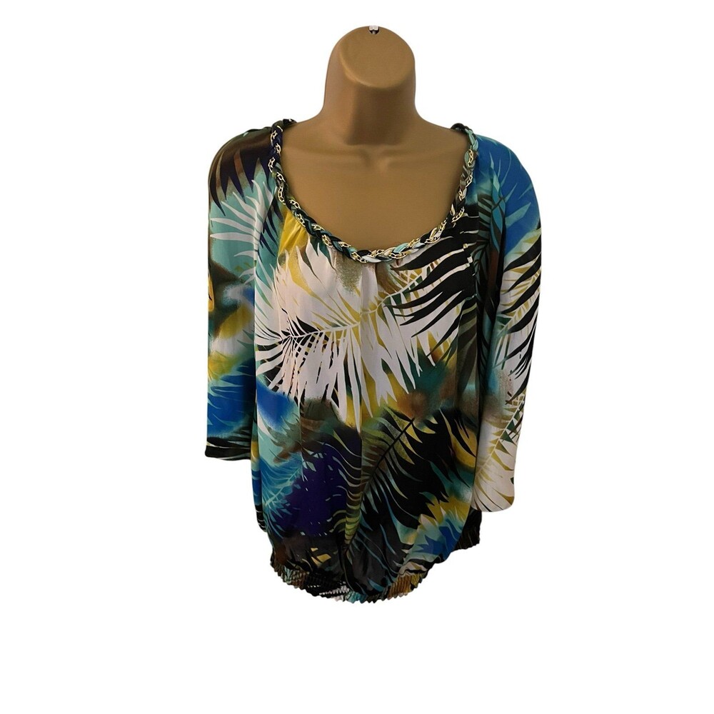Worthington Tropical Print Batwing Blouse Chain Neck Sheer Lightweight PXL
